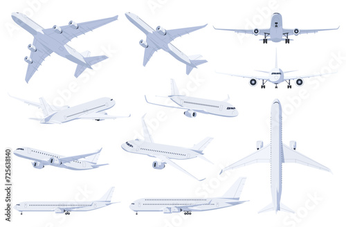 Airplanes in different angles on a white background. Passenger and cargo air transport. Fast intercity flight. Vector illustration © Igor