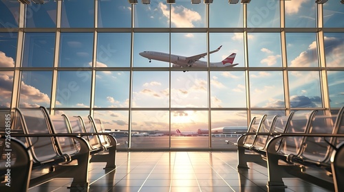 Generative AI : 3D Rendering : illustration of at airport terminal. view from airport looked out. big window glass. airplane flying on blue sky background.  photo