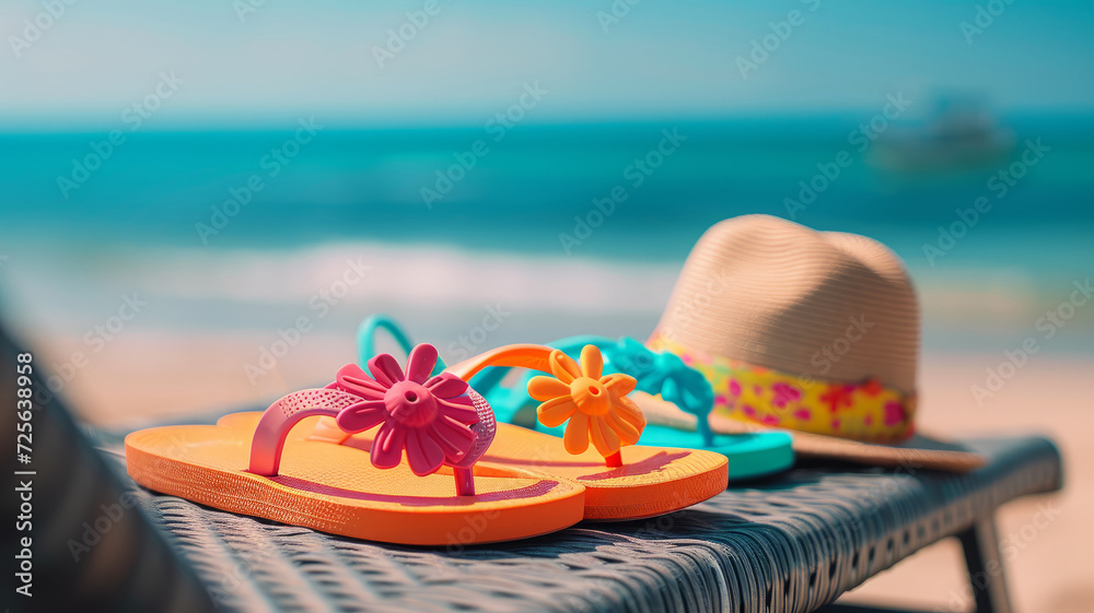Bright flip-flops on a sun lounger under the scorching sun. Bright flip-flops on a sun lounger under the scorching sun.