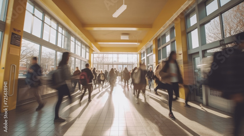 Blurred photo of middle school students walking between classes at busy school