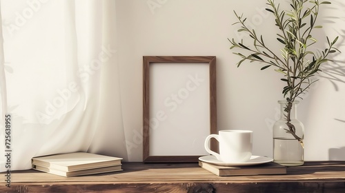 Generative AI : Breakfast still life. Cup of coffee, books and empty picture frame mockup on wooden desk © The Little Hut