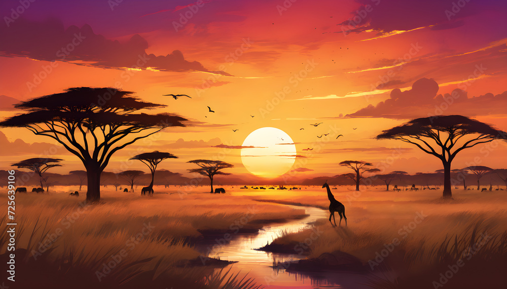 illustration of Serene Sunset Over an African Savanna Featuring Silhouetted Giraffes and Acacia Trees illustration of Serene Sunset Over an African Savanna Featuring Silhouetted Giraffes and Acacia Trees