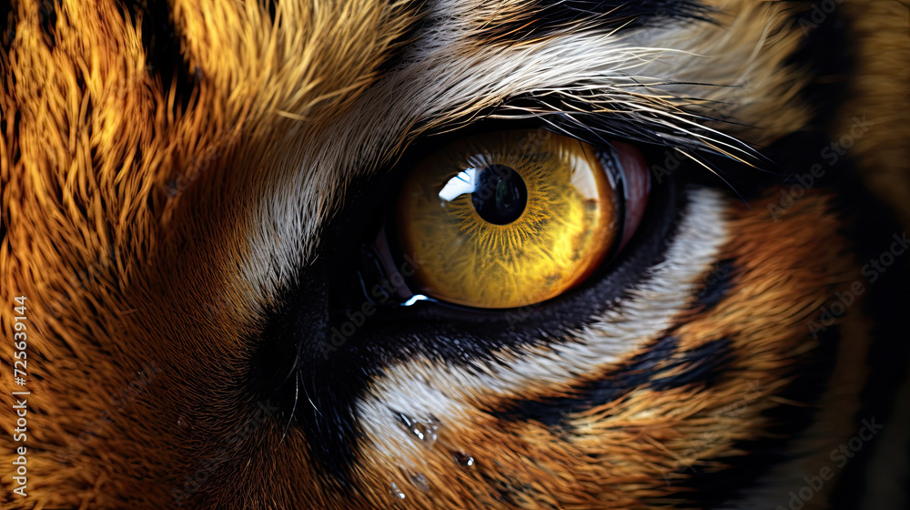 Sharp yellow predator bengal tiger retina iris eye macro closeup details created with Generative AI Technology