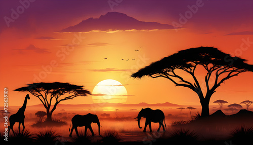 illustration of Serene Sunset Over an African Savanna Featuring Silhouetted Giraffes and Acacia Trees © PLATİNUM