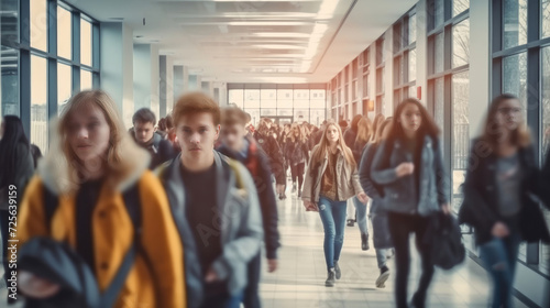 Blurred photo of middle school students walking between classes at busy school photo
