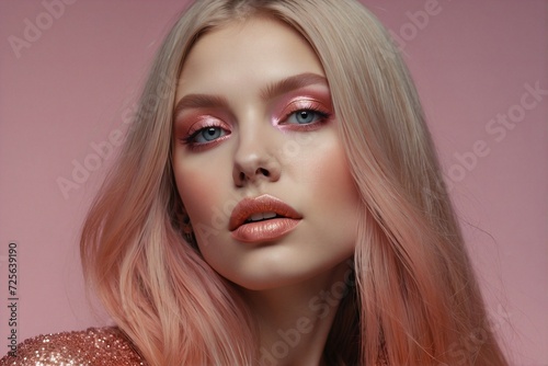 Woman with long straight hair and orange-pink makeup, pastel pink palette, shimmering eyes.