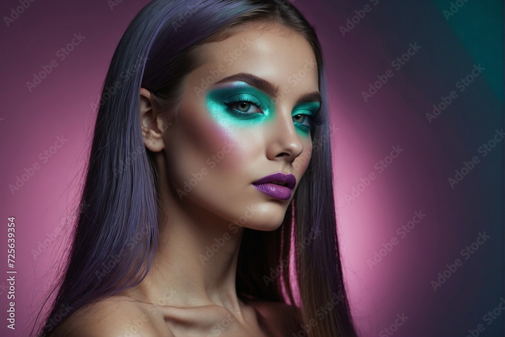 Woman with long straight hair and violet makeup, turquoise palette, sparkling eyes. Woman with long straight hair and violet makeup, turquoise palette, sparkling eyes.