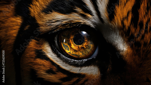 Sharp yellow predator bengal tiger retina iris eye macro closeup details created with Generative AI Technology
