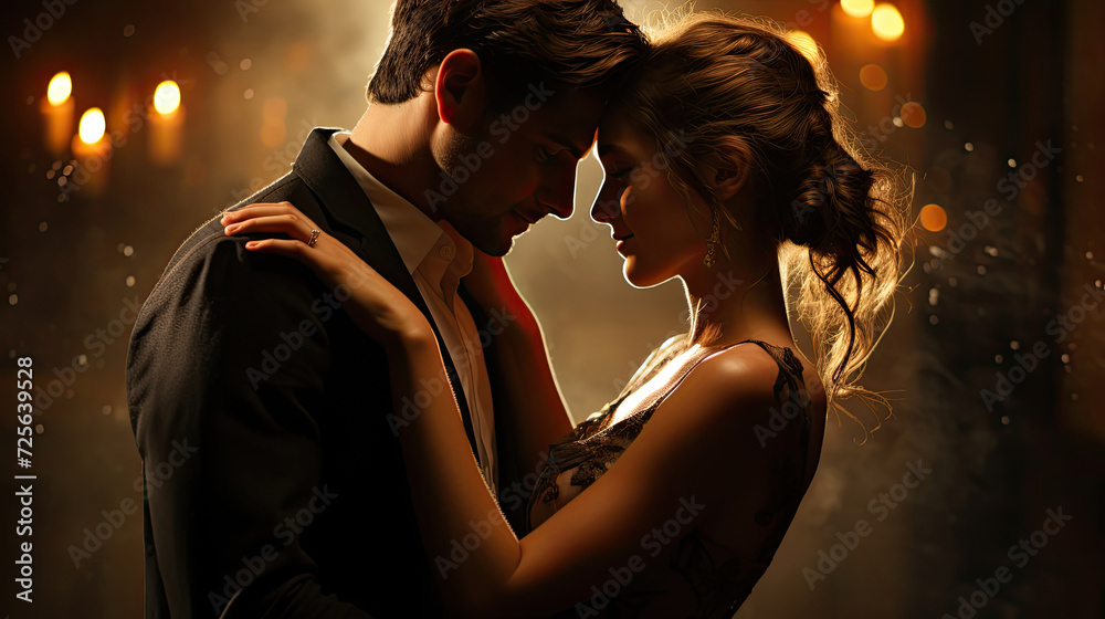 Romantic loving couple of handsome man and beautiful blonde woman in luxury dress hugging each other romantically Romantic loving couple of handsome man and beautiful blonde woman in luxury dress hugging each other romantically