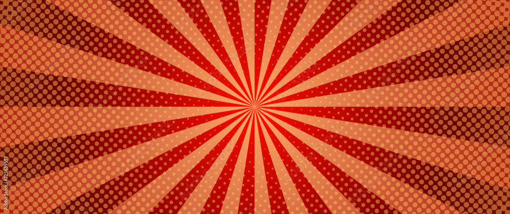 Pop art red and orange vintage comic magazine cover with rays. Cartoon vector halftone template. Pop Art illustration with halftone dots and rays. Red explosion rays background in cartoon style.
