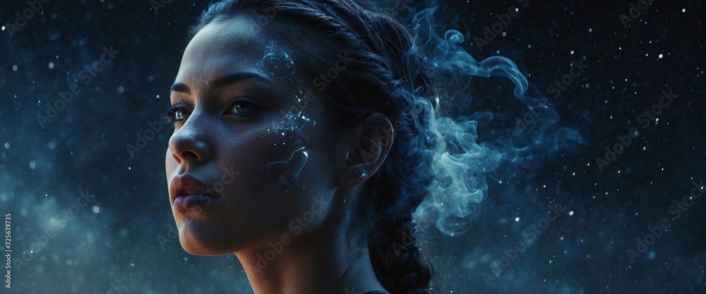 Magical portrait with smoke against a starry sky