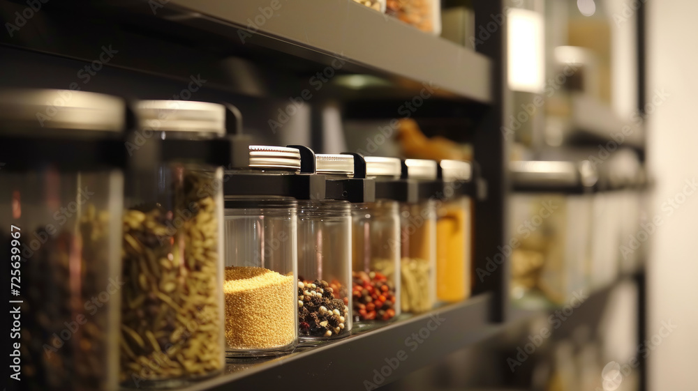 Jars of spices on a shelf in the pantry