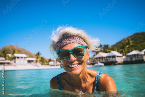 Portrait of a beautiful young woman in swimsuit and sunglasses at tropical beach