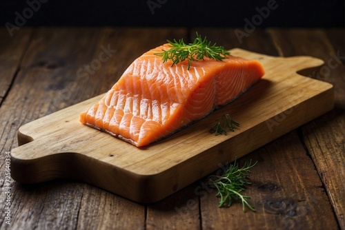 A piece of salmon on a wooden cutting board