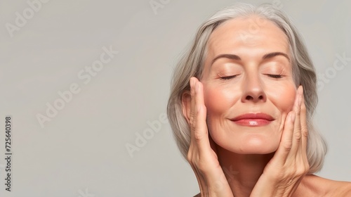 Generative AI : Gorgeous senior older woman with closed eyes touching her perfect skin