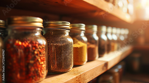 Fototapeta Naklejka Na Ścianę i Meble -  Jars of spices stand on a wooden shelf.