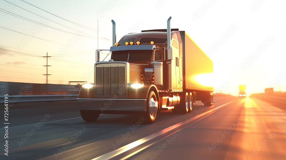 Generative AI : American style truck on freeway pulling load. Transportation theme. Road cars theme.