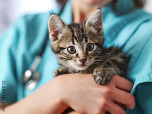 A recovered kitten in the hands of a veterinarian.