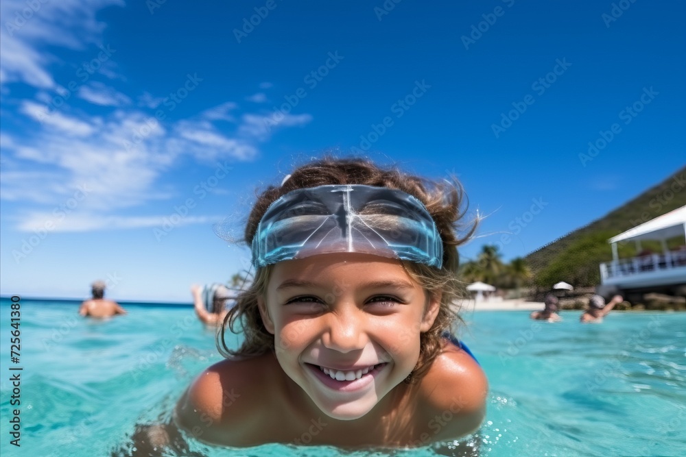 Portrait of happy little girl in swimming pool at summer vacation resort