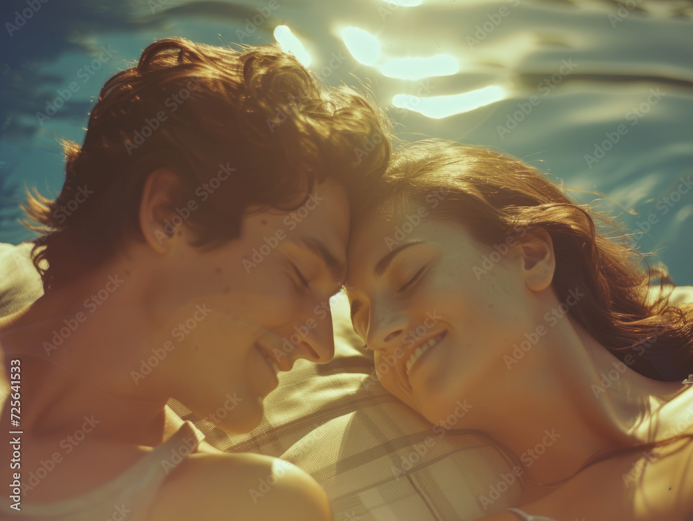 Fototapeta premium Beautiful young couple in the rays of the setting sun.