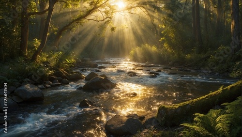 River flowing through the forest with sunlight.