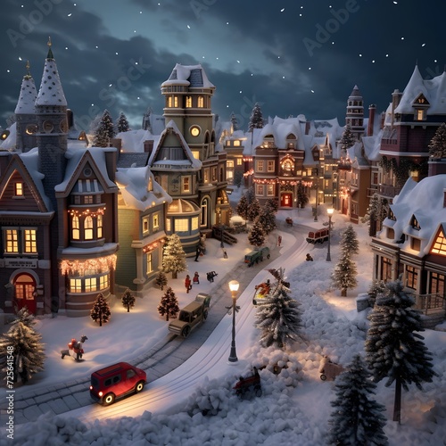 Snowy winter town with Christmas trees and houses. 3D rendering