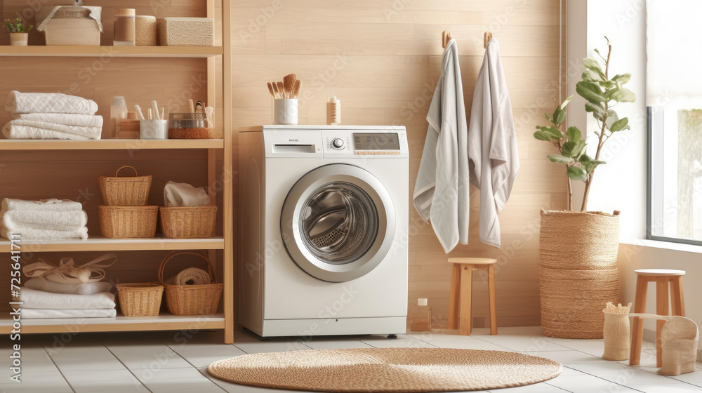 Interior of modern laundry room with washing machine Interior of modern laundry room with washing machine