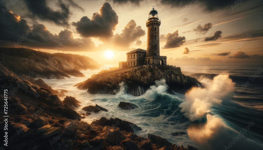 lighthouse at sunset,Hyper-realistic image of an old lighthouse on a rugged coastline at sunset, with waves crashing,desktop wallpaper.Generative AI.