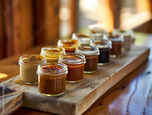 Jars on a wooden tray.