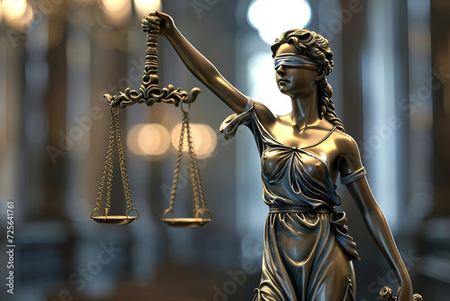 Statue of justice, Lady justice. Statue of Justice in library, Golden scales of justice, books, Statue of Lady Justice., Attorney balance advocate antique beautiful blind blindfold, ai generated