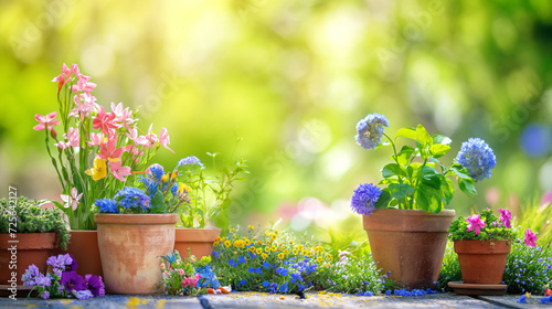 Vasos com plantas e flores no jardim ensolarado