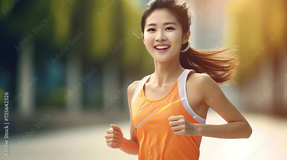 Young smiling Asian woman with fresh clean skin in sportswear for outdoor running activity created with Generative AI Technology