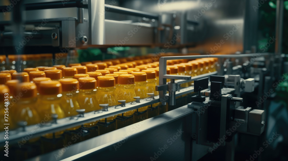 Production of natural juices in bottles on the factory juice conveyor Production of natural juices in bottles on the factory juice conveyor