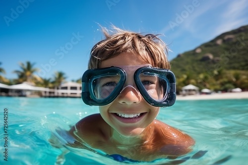 Portrait of a cute little boy in swimming goggles at the beach
