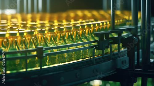 Production of natural juices in bottles on the factory juice conveyor
