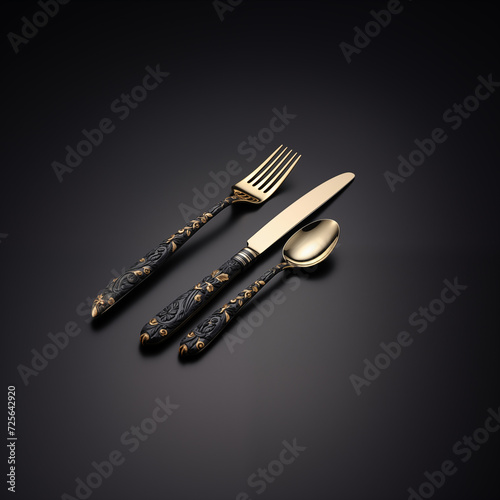 Golden key to success resting on a black background alongside a set of silverware, including fork, knife, and spoon, isolated on a white surface, creating a visual metaphor for the essential tools in 