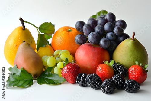 Healthy food selection  fruit  vegetable   orange apple  grapes  apple  banana with yellow back  Healthy food background  raw vegetables in wicker  ai generated
