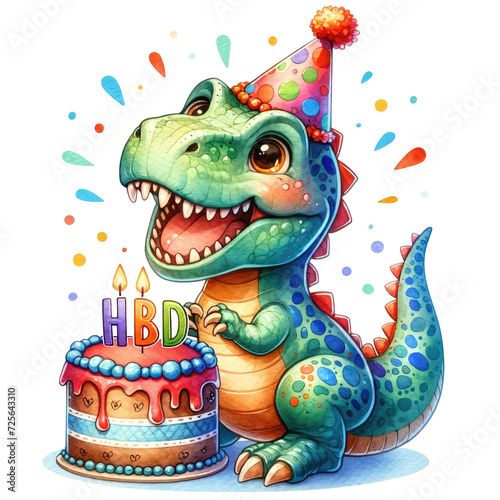 Watercolor illustration of an excited green dinosaur in a party hat, holding a dripping birthday cake with candles amongst a shower of confetti, isolated on transparent background. © Mickey