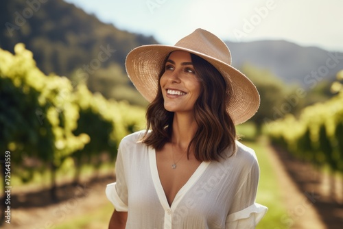 Beautiful young woman in hat and white blouse in vineyard