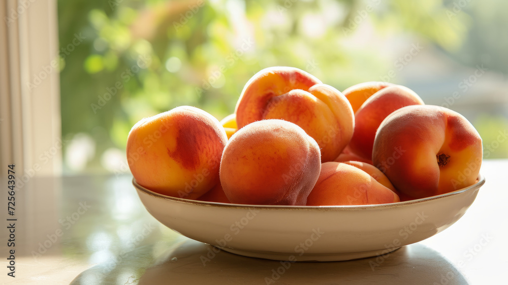 Wooden bowl with peaches on the kitchen table Wooden bowl with peaches on the kitchen table