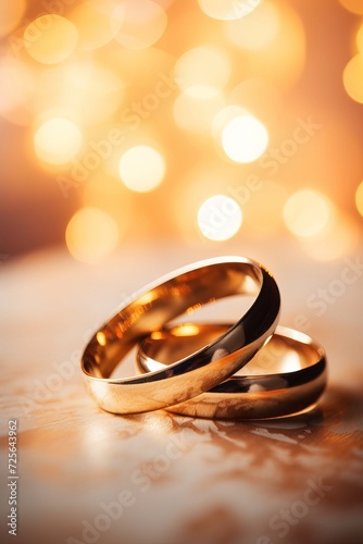 Close-up of elegant red gold wedding rings against soft bokeh background for romantic couples, vertical image