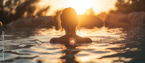 Silhouette of a serene woman in water at sunset, exuding peace and oneness with nature © Ai Studio