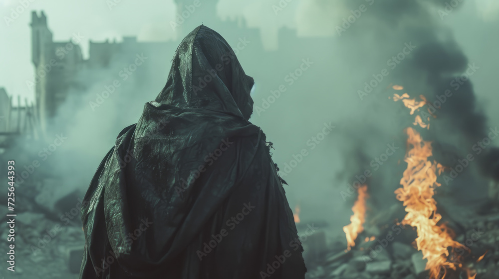 A figure in a black cape in the middle of the ruins A figure in a black cape in the middle of the ruins