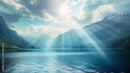 Generative AI   Mountains in bright sunbeams and foggy lake at sunny morning in summer