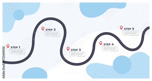 Timeline with execution points. Chronology of the execution of the process on the winding road. Workflow infographics. Vector illustration