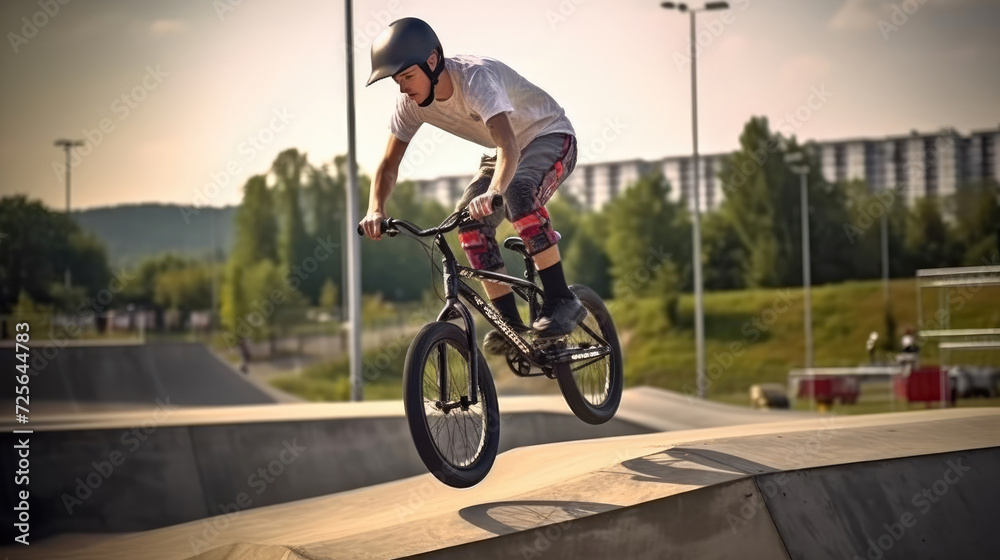 Obraz premium Teenage bmx BMX rider in action at skatepark