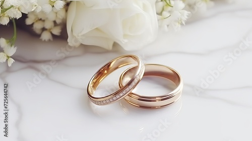Close-up of classic gold wedding rings and bridal bouquet on white marble background, banner