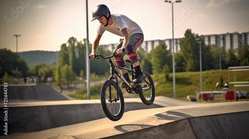 Teenage bmx BMX rider in action at skatepark