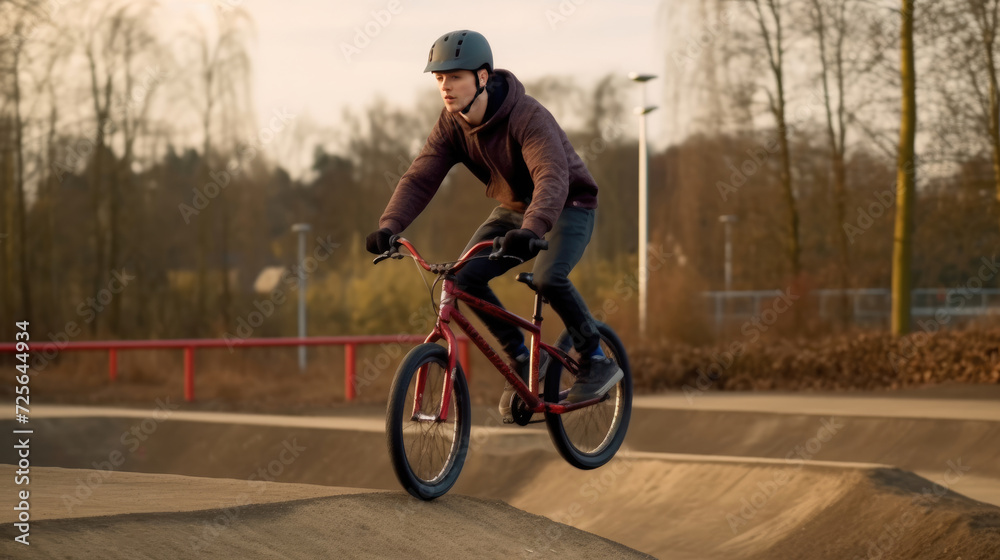 Obraz premium Teenage bmx BMX rider in action at skatepark