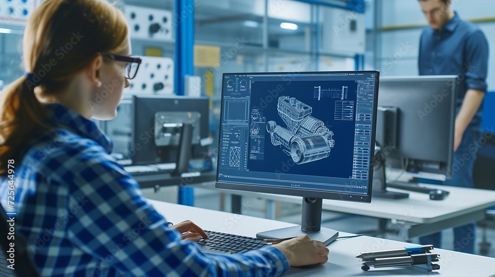 Generative AI : Engineer Working on Desktop Computer, Screen Showing CAD Software with Engine 3D Model Generative AI : Engineer Working on Desktop Computer, Screen Showing CAD Software with Engine 3D Model